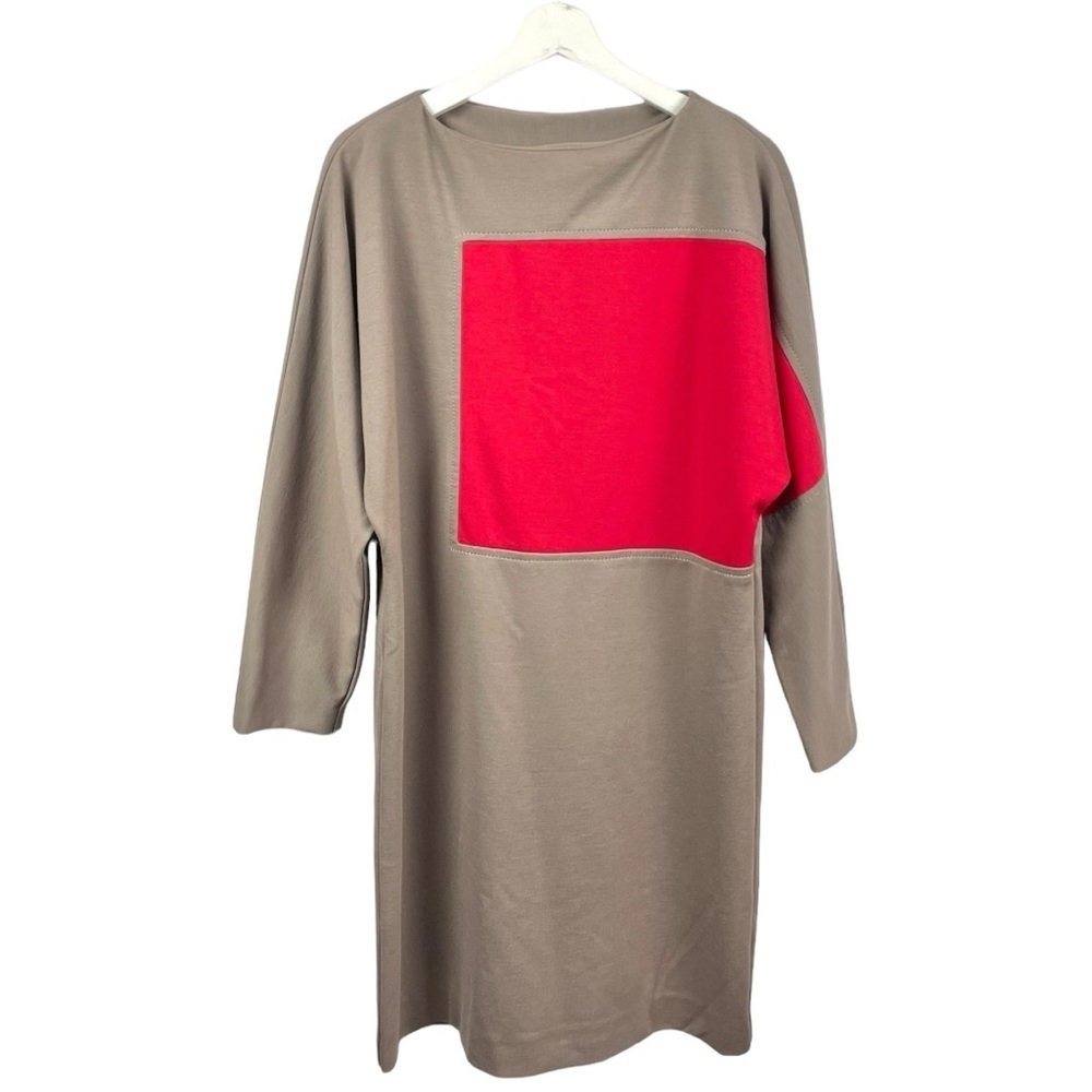 Olive and Red Colorblock Ponte Contemporary Dolman Long Sleeve Midi Dress Size L - Picture 2 of 6